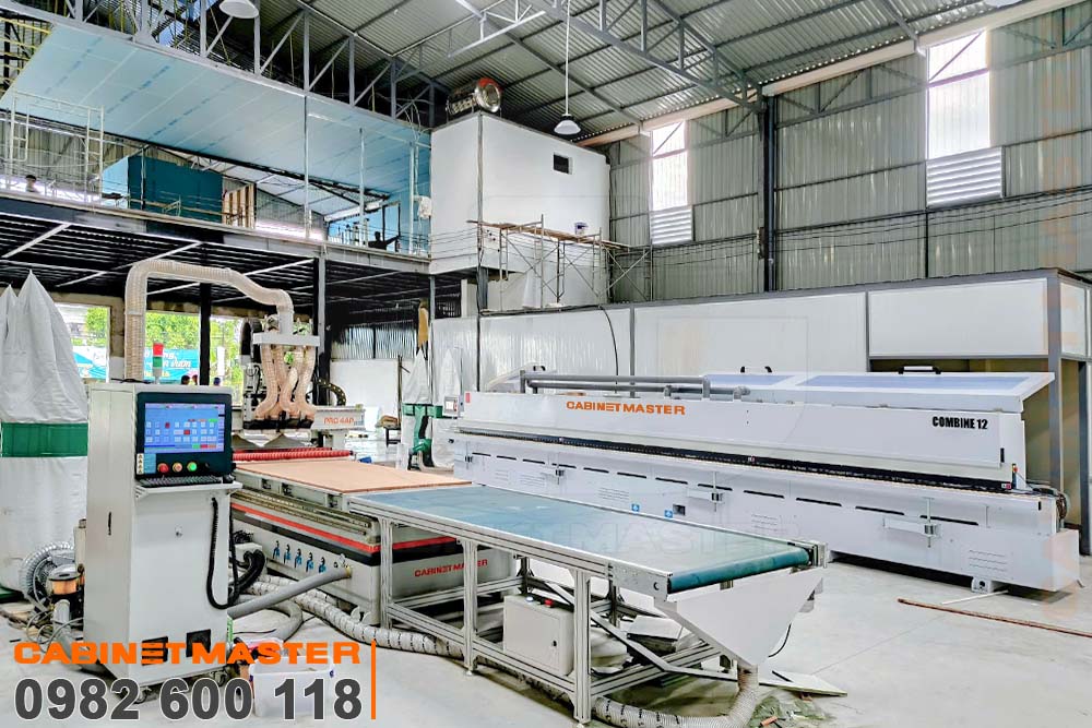 Combo máy CNC cắt ván 4 đầu và máy dán cạnh vát 45/90 độ